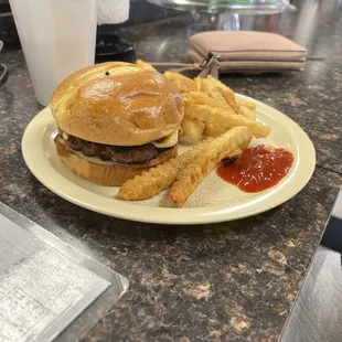Maple-Bourbon Bacon jam Burger with fries