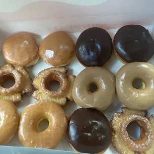 Sample of glazed, old fashioned, Bavarian crème, maple donuts