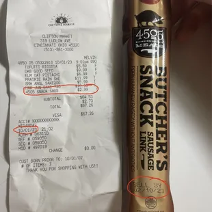 the receipt for a snack bar