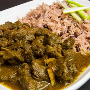 curry goat with rice &amp; peas