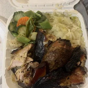 Jerk chicken, mixed veggies and cabbage