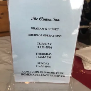 the menu for the clinton inn