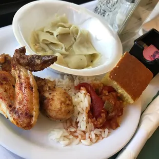 a plate of food and a drink