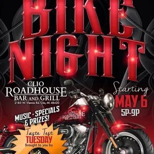 Bike Night every Tuesday all summer long starting May 6th