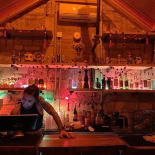 a woman working on a laptop at a bar