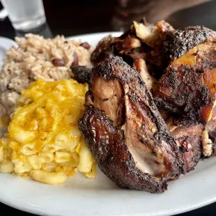 Jerk Chicken, Mac and cheese, rice &amp; peas