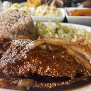 Stew Fish Dinner with Rice &amp; Peas and Steamed Veggies