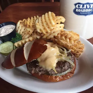 Ale Pub Burger with waffle fries and seasoned sour cream.