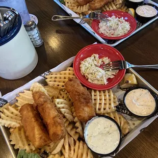 Good fish and chips, thick alaskan cod, light crispy batter, variety of sauces