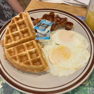 Belgian waffle bacon and eggs
