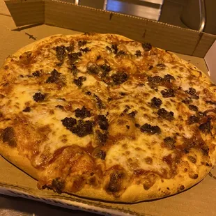 Medium cheese and sausage pizza.