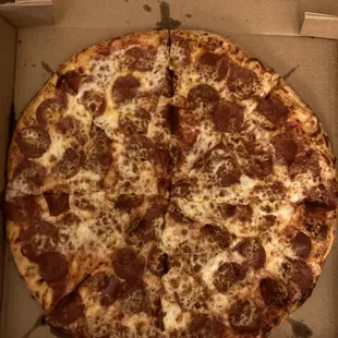 16 in. Pepperoni and extra cheese.