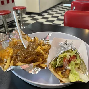 Chicken Pita and chili cheese fries