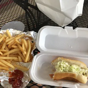 Slaw dog and fries.