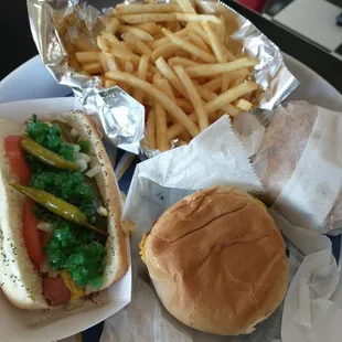 Chicago dog, double slider with cheese, and fries to share.