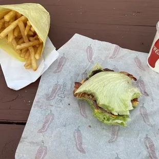 Bacon Cheese Junior Burger with a lettuce wrap instead of a bun and French fires