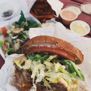 sweet rain burger, side salad, sweet potato fries