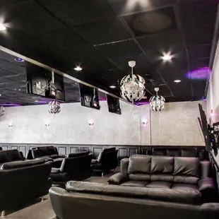lounge chairs and chandeliers