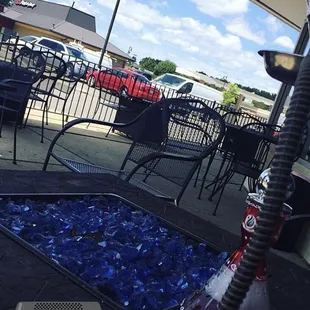 a hookah lounge on a patio