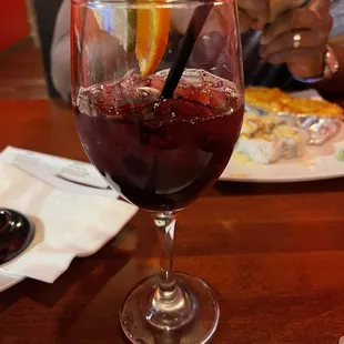 a glass of wine and a plate of food