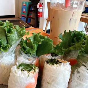 Shrimp spring rolls and Tiger milk tea