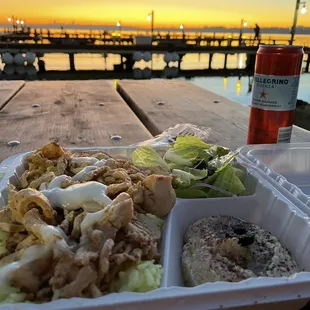 Super yummy chicken shawarma plate paired with an awesome sunset view!