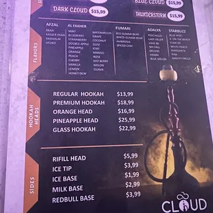 Hookah menu