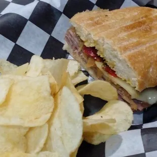 a sandwich and chips