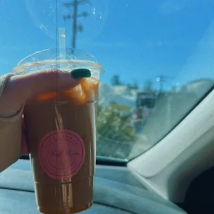 24oz iced Carmel Banana latte with caramel drizzle