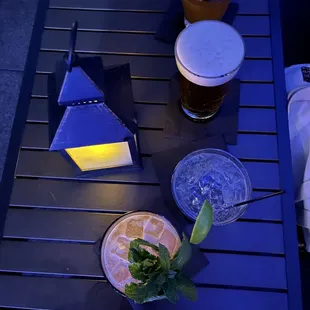 a table with drinks and drinks