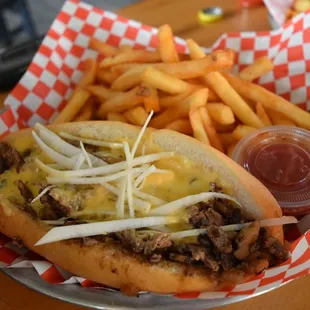 a cheeseburger and french fries