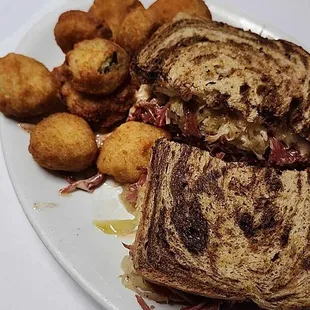 Ruben and fried pickles.