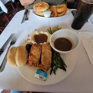 Meatloaf, REAL Mashed Potatoes/Gravy &amp; delicious thin Asparagus.   Sriracha Bourbon BBQ Burger &amp; Onion Rings.