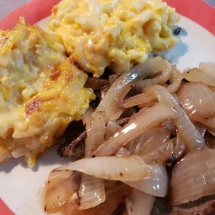Liver and onions with hashbrown casserole and mac
