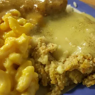Country fried steak, with mac and dressing=Yummy
