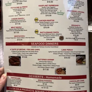 Dessert, and dinner menu