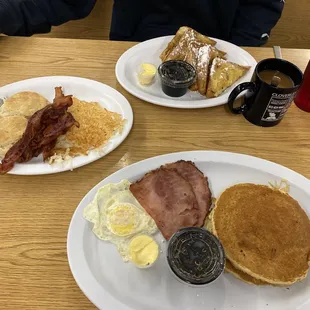 Pancakes, ham, egg, french toast, bacon, hash browns and biscuits!