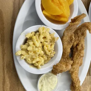 Fries fish/mac and cheese/ peaches
