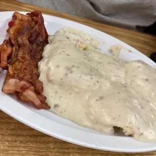 Biscuits and gravy with bacon