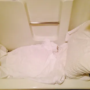 This makeshift bed in the bathtub was more comfortable than the sofa sleeper and worthy of a $23 bill credit