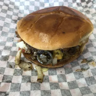Double bacon cheese with grilled onions and jalapeños