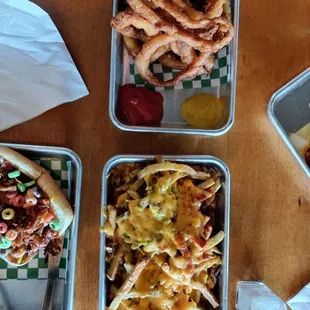 Christmas chile cheese fries and onion rings!