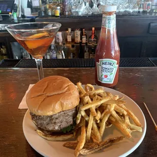 Burger, fries &amp; Manhattan.