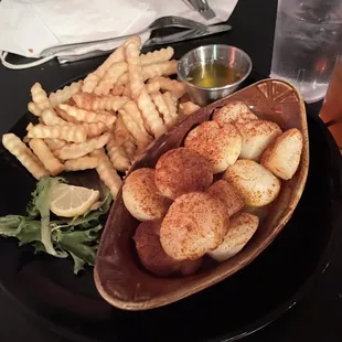 Seered scallops with French fries