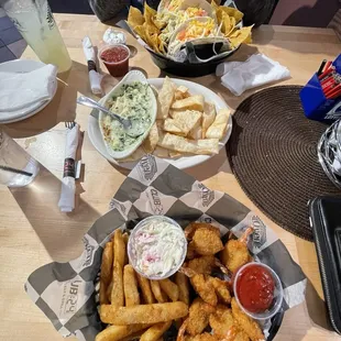 Beef tacos with everything on them and the fried shrimp basket !