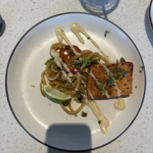 Honey-Glazed Salmon served w/ stir-fry noodles, vegetables, and miso lime aioli