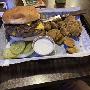 Burger and fried pickles