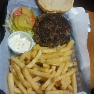 a tray of fries and a burger