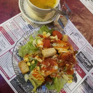 Salad bar and chicken dumpling soup.