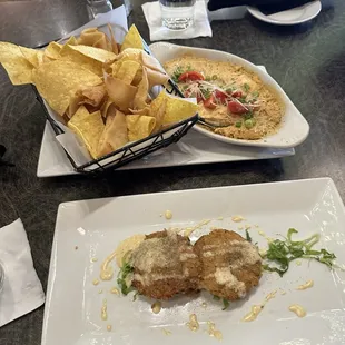 Crab cakes and herbed chicken dip